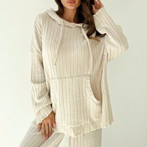 Khaki Casual Women's Hooded Sweatshirt & Wide Leg Pants Rib Knit Loungewear Set - Picture 7 of 7